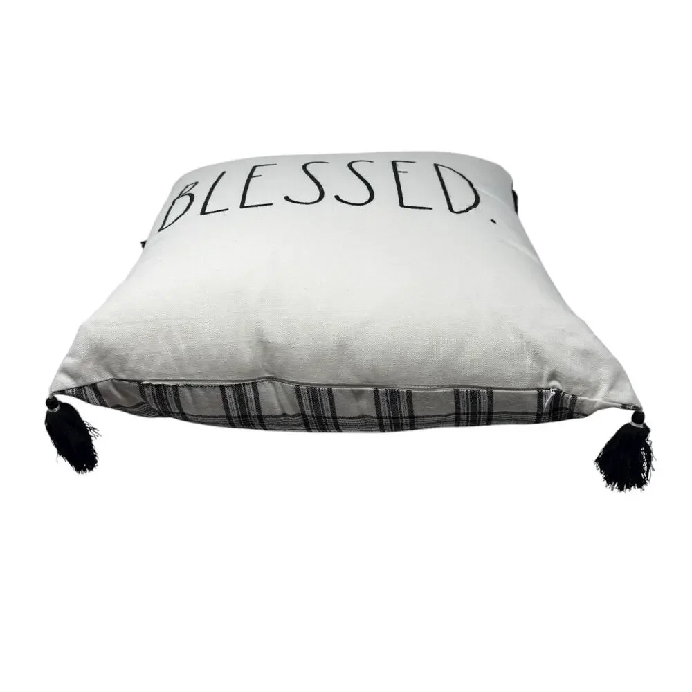 Rae Dunn BLESSED Throw Pillow Black White Plaid Tassel Farmhouse Accent Cushion